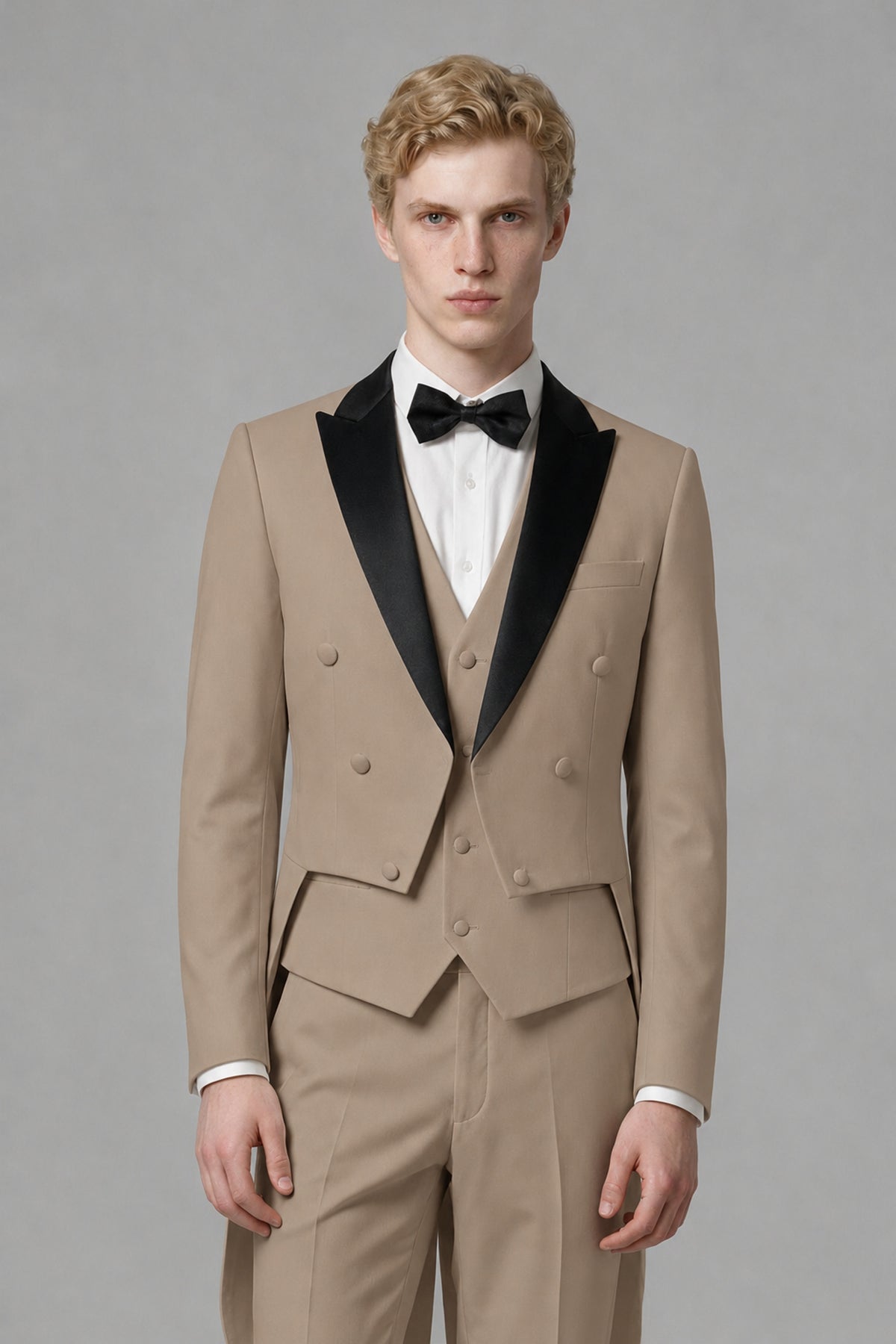 Bolodoo Men's Taupe 3-Piece Tailcoat Tuxedo Suit with Vest & Trousers - Taupe - Taupe_1