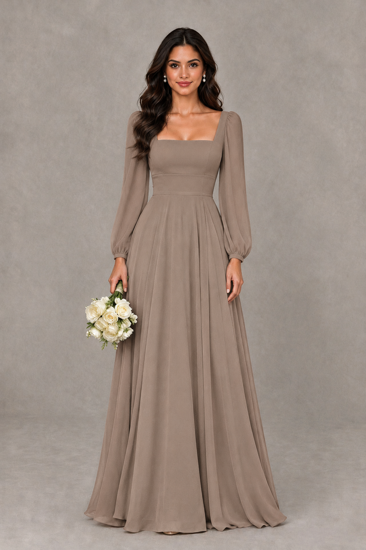 BOLODOO Taupe Square Neck Long Sleeve A-Line Bridesmaid Dress - Taupe - Taupe_1