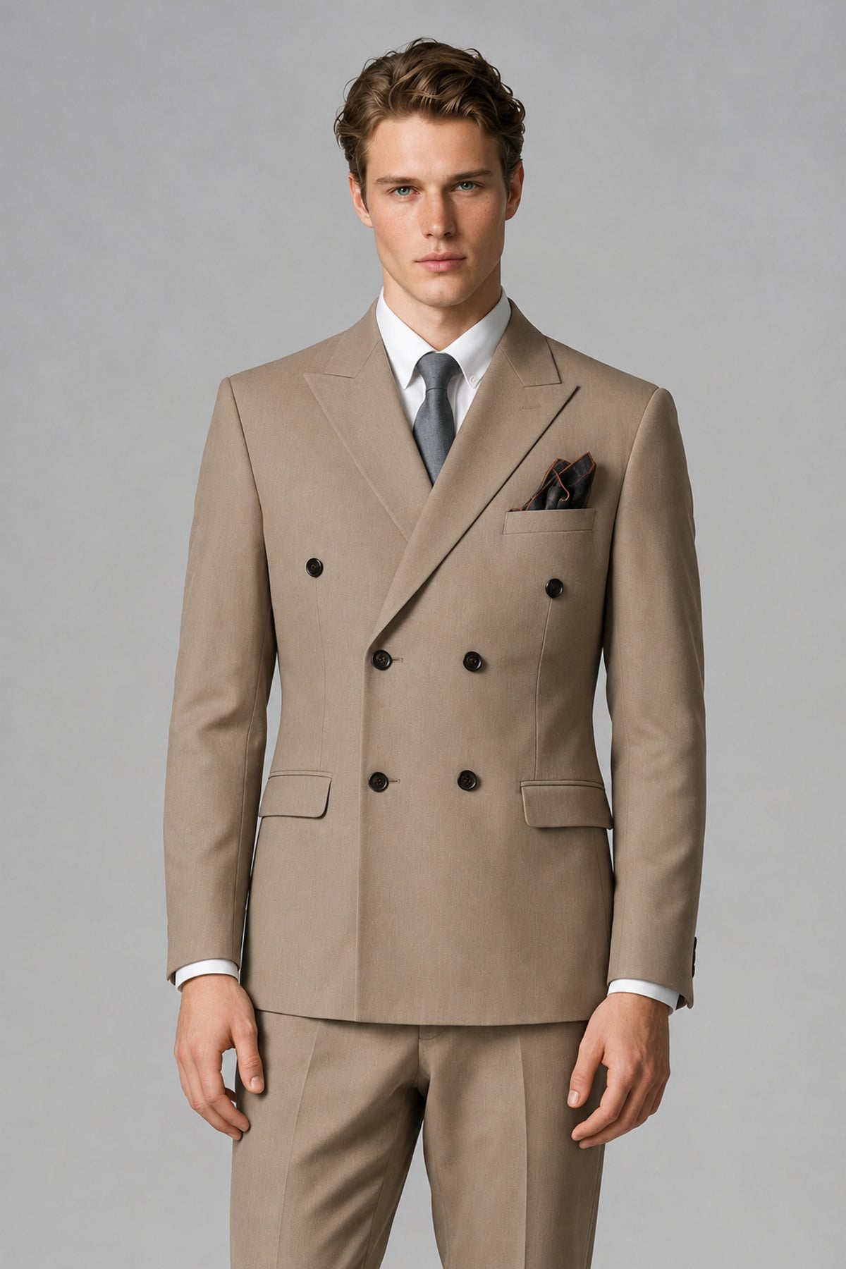 Bolodoo Men's Taupe Double-Breasted Two-Piece Suit with Peak Lapels - Taupe - Taupe_1