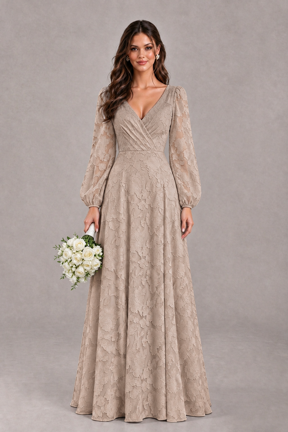 BOLODOO Taupe Long Sleeve V-Neck A-Line Mother of the Bride Dress - Taupe - Taupe_1