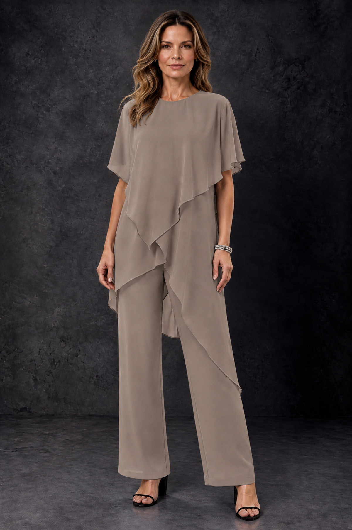 BOLODOO Taupe Chiffon Two Piece Mother of the Bride Pant Suit - Taupe - Taupe_1