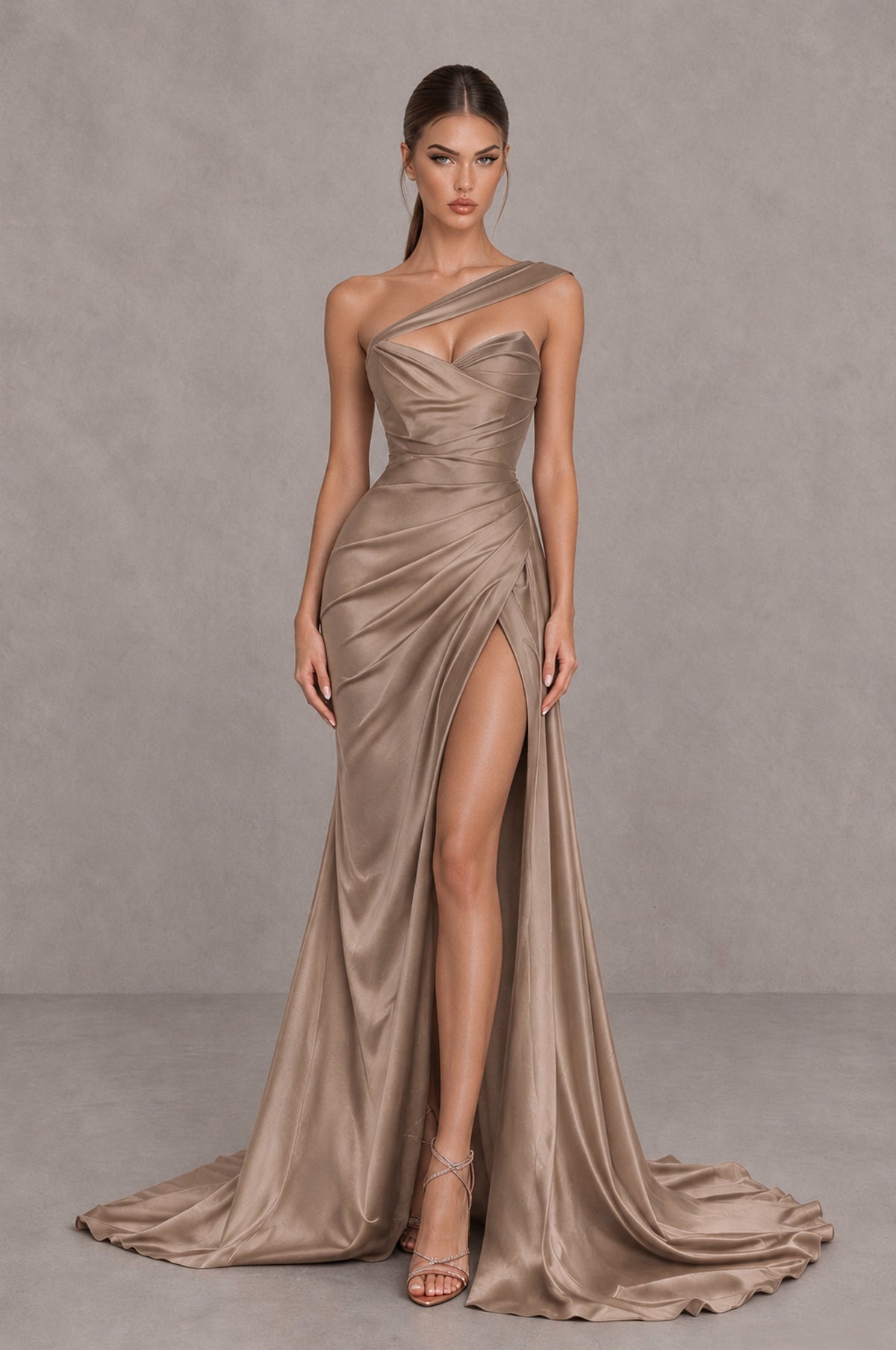 BOLODOO Taupe One Shoulder Satin Mermaid Evening Dress with Ruched Slit Skirt - Taupe - Taupe_1