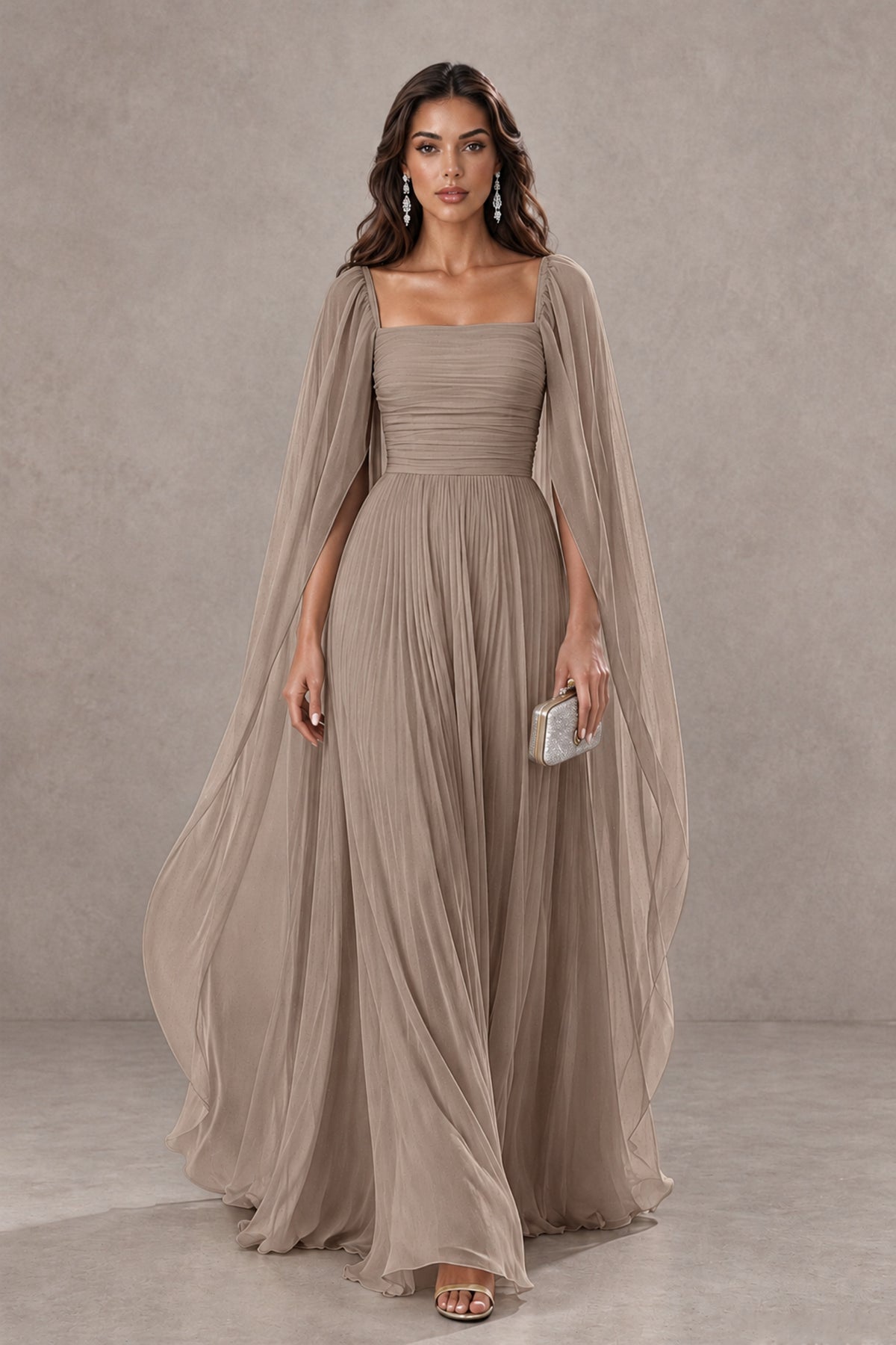 BOLODOO Taupe Square Neck Cape Sleeve A-Line Evening Dress - Taupe - Taupe_1