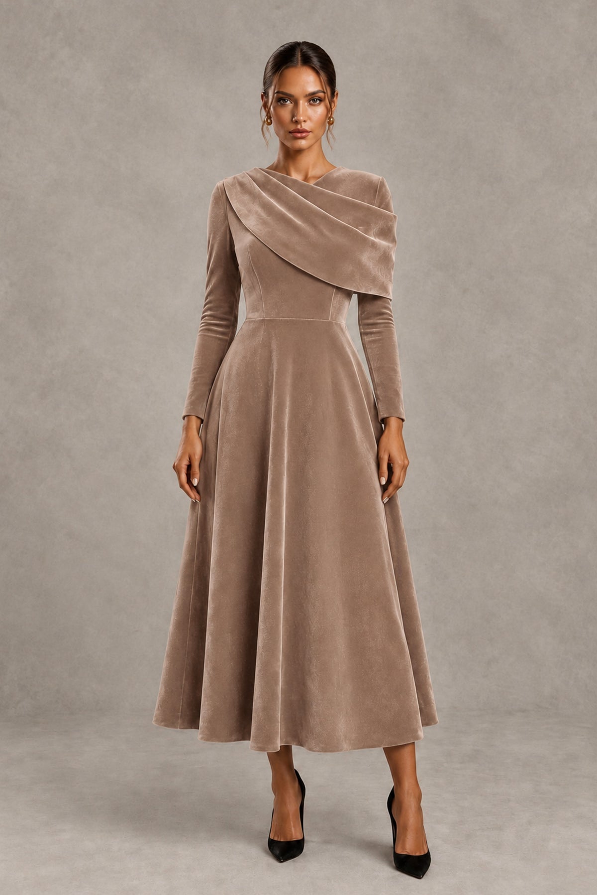 BOLODOO Taupe Velvet-Look Long Sleeve Tea-Length A-Line Dress with Draped Neckline - Taupe - Taupe_1