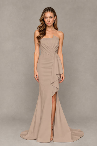 BOLODOO Taupe Strapless Mermaid Evening Dress with Ruffle Slit and Train - Taupe - Taupe_1