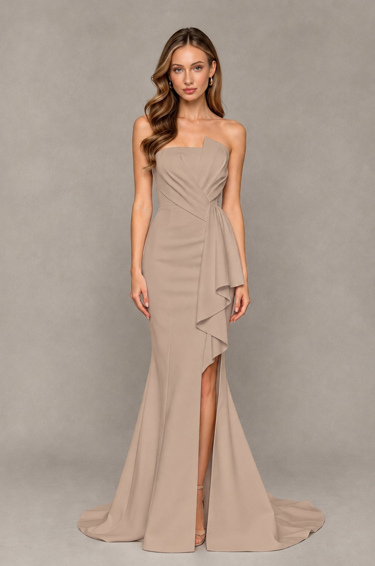 BOLODOO Taupe Strapless Mermaid Evening Dress with Ruffle Slit and Train - Taupe - Taupe_1
