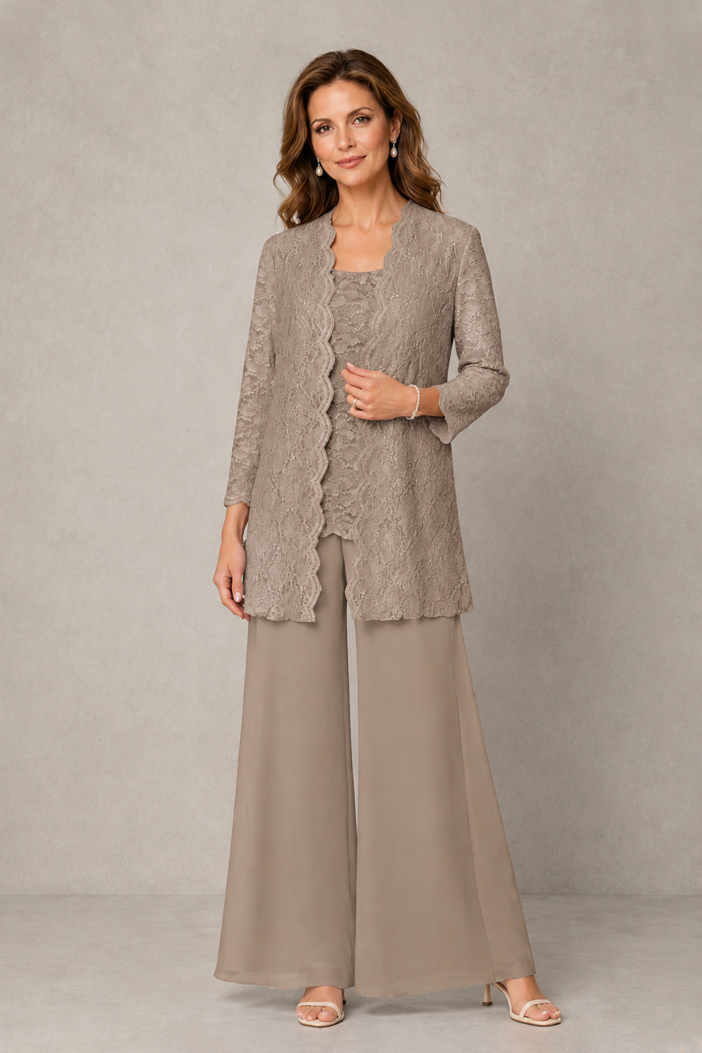 BOLODOO Taupe 3-Piece Lace Chiffon Pantsuit – Mother of the Bride Wedding Guest with Jacket - Taupe