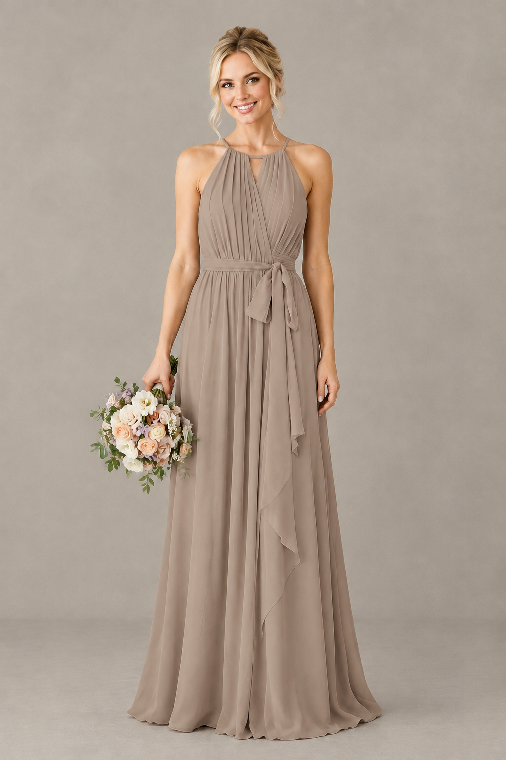 BOLODOO Taupe Halter Chiffon Bridesmaid Dress with High Slit - Taupe
