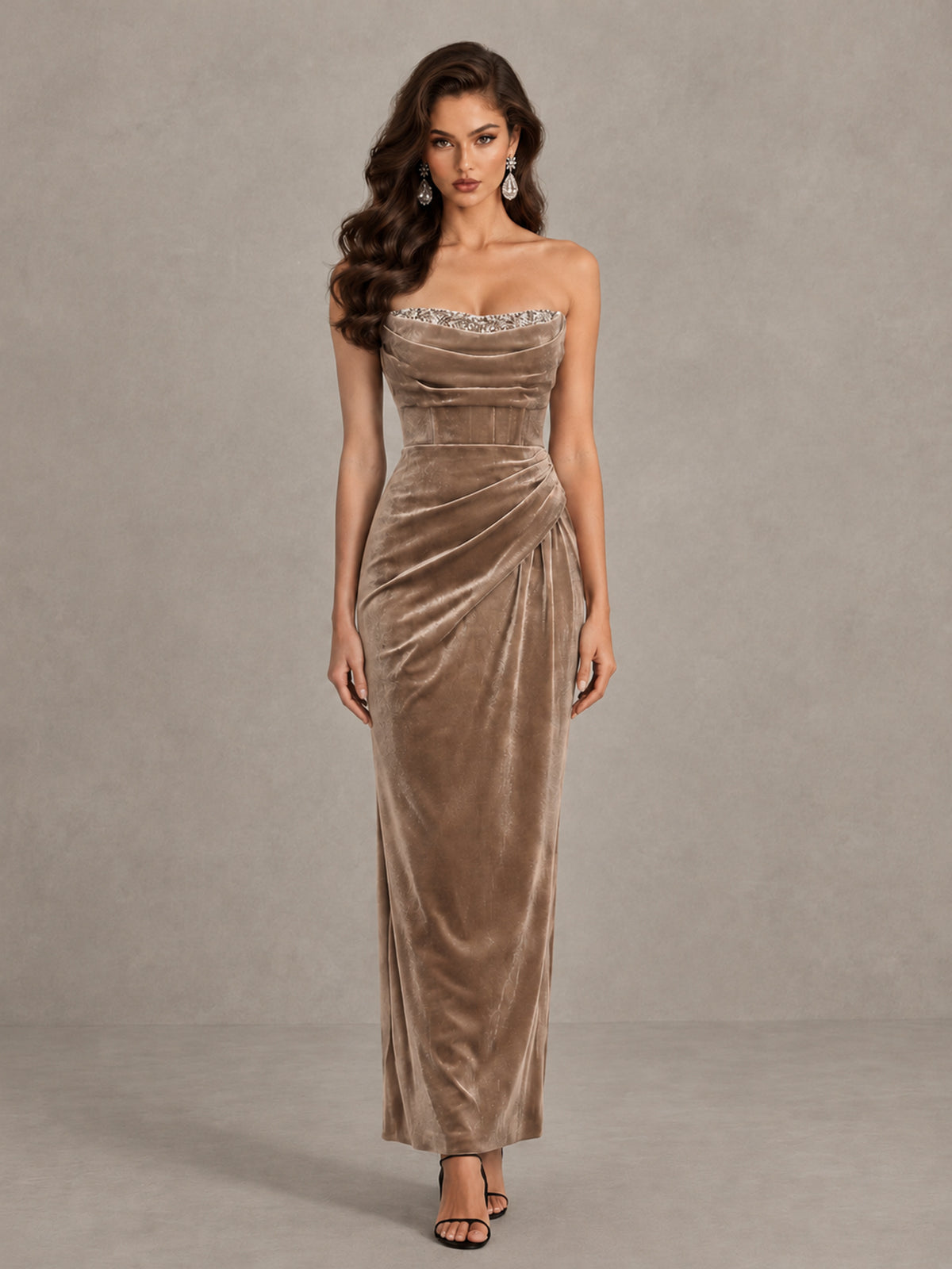 BOLODOO Taupe Strapless Velvet Cocktail Maxi Dress - Taupe - Taupe_1
