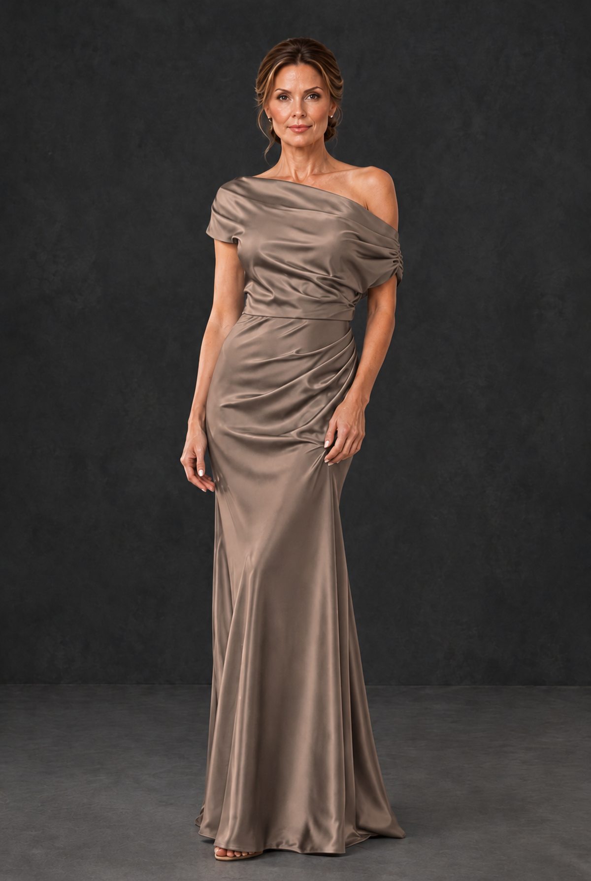 BOLODOO Taupe Asymmetric Ruched Mother of the Bride Dress - Taupe - Taupe_1