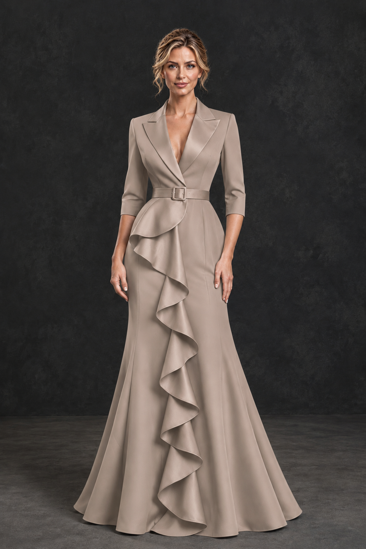 BOLODOO Taupe Lapel Ruffle Mother of the Bride Dress with Belt - Taupe - Taupe_1