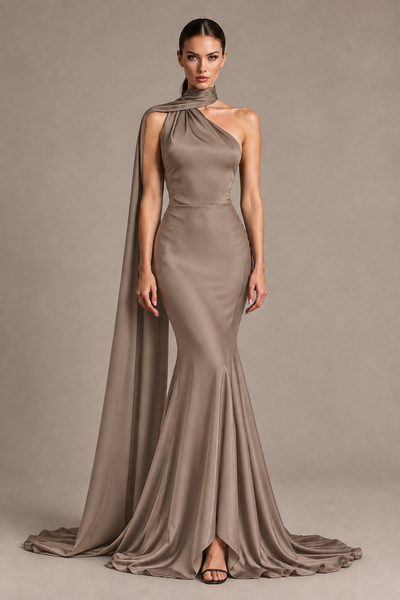 BOLODOO Taupe One-Shoulder Satin Mermaid Evening Dress with Scarf - Taupe - Taupe_1