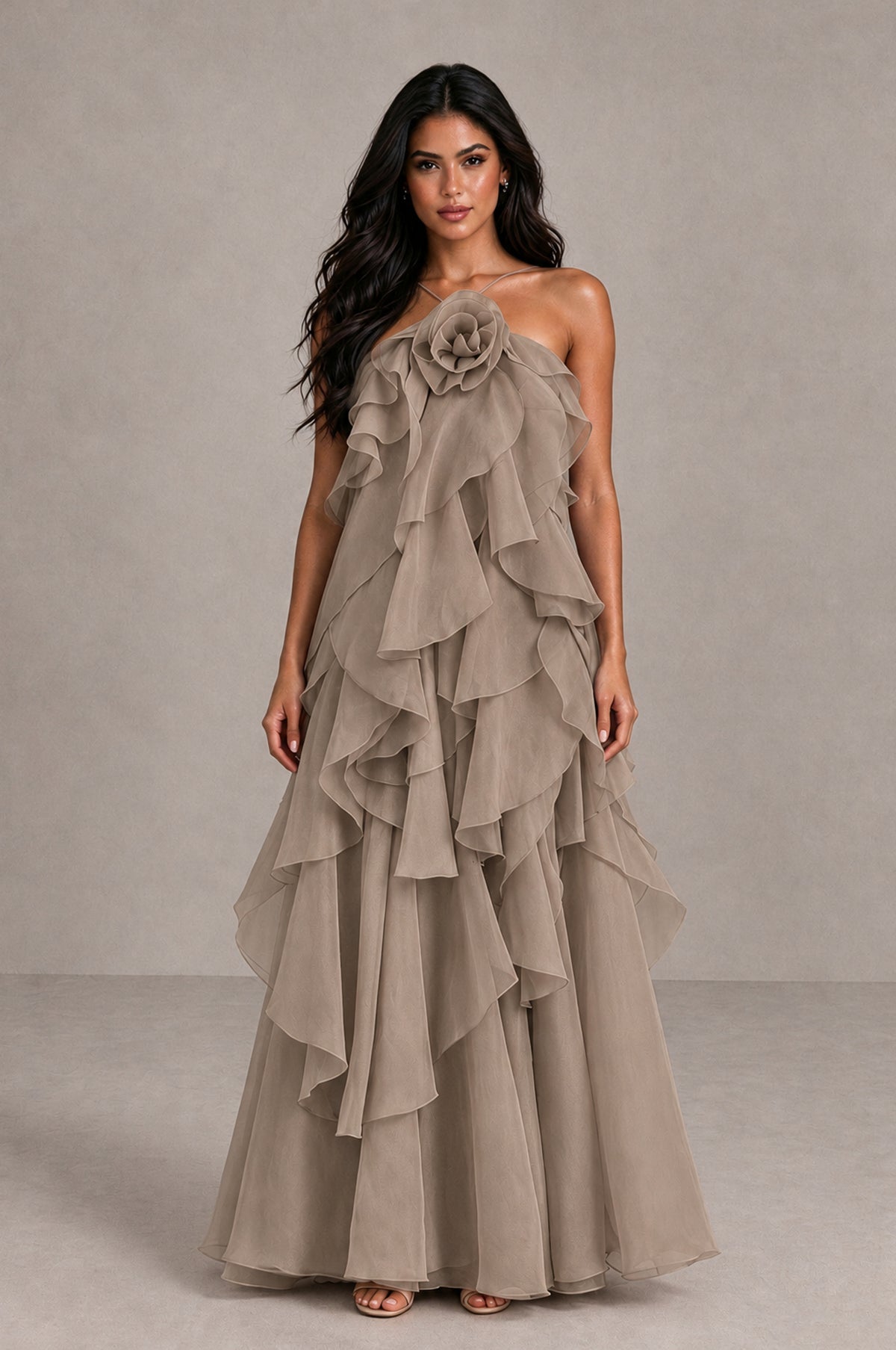BOLODOO Taupe Cascading Ruffle Rosette Open-Back Maxi Dress - Taupe - Taupe_1