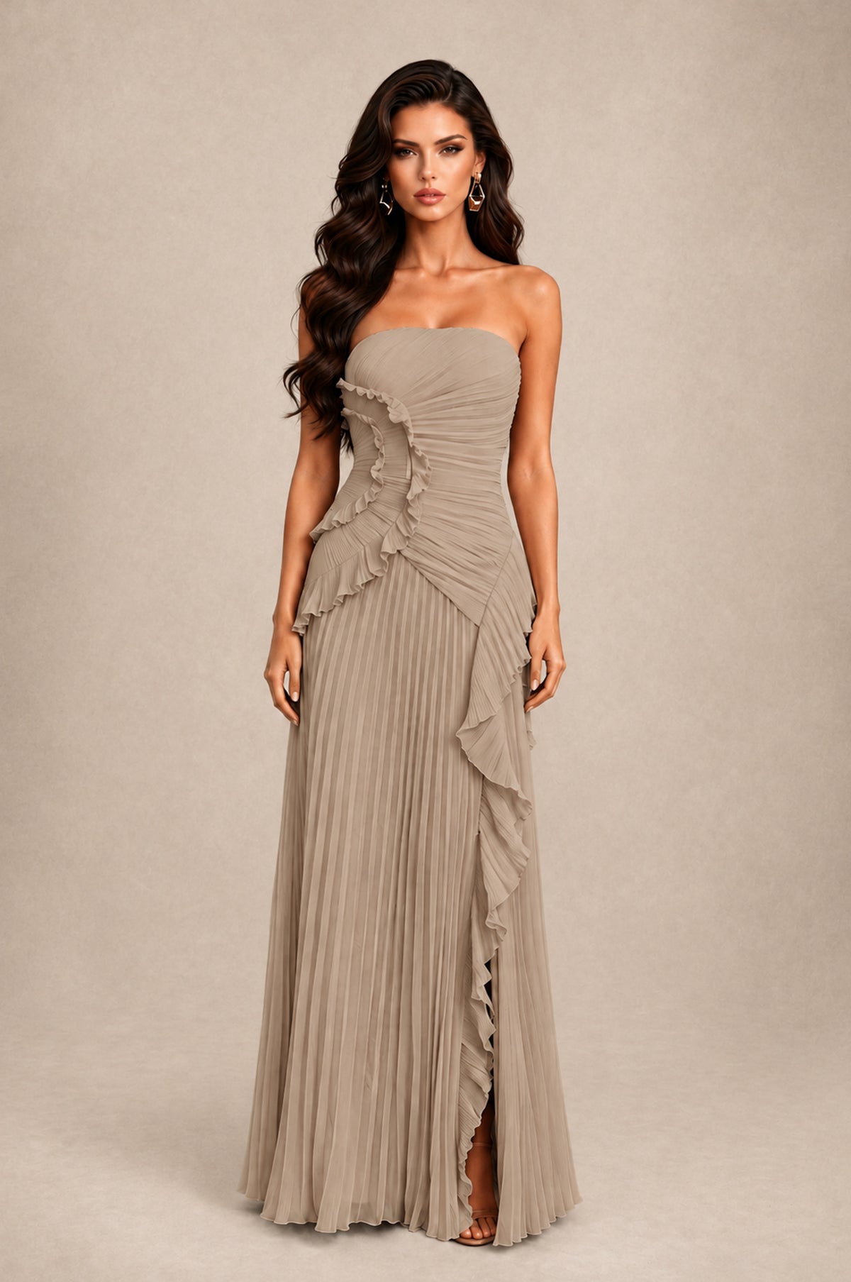 BOLODOO Taupe Strapless Ruffle Pleated Slit Evening Gown - Taupe - Taupe_1