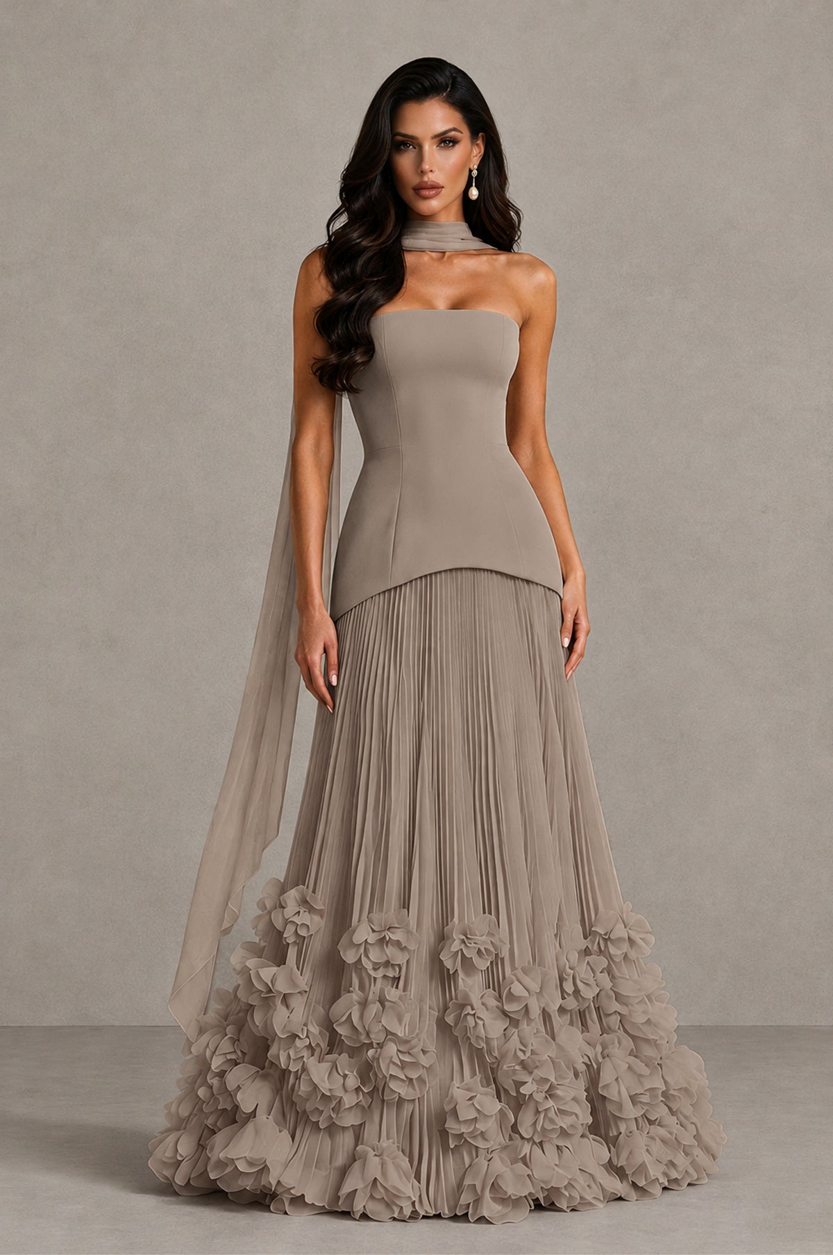 BOLODOO Taupe Strapless Pleated Floral Hem Evening Gown - Taupe - Taupe_1