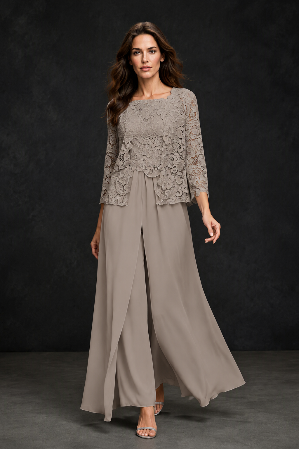 BOLODOO Taupe Grey Lace Peplum Top & Wide-Leg Chiffon Pants Set | Mother of the Bride & Formal Evening Outfit - Taupe