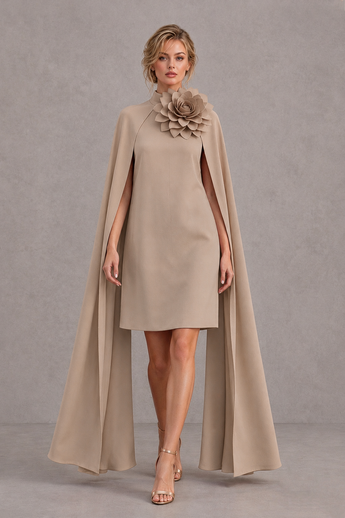 BOLODOO Taupe High Neck Floral Cape Mini Cocktail Dress - Taupe - Taupe_1
