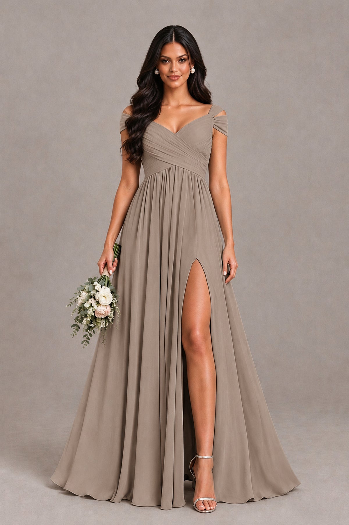 BOLODOO Taupe Cold Shoulder Chiffon Evening Dress with V Neck and High Slit - Taupe - Taupe_1