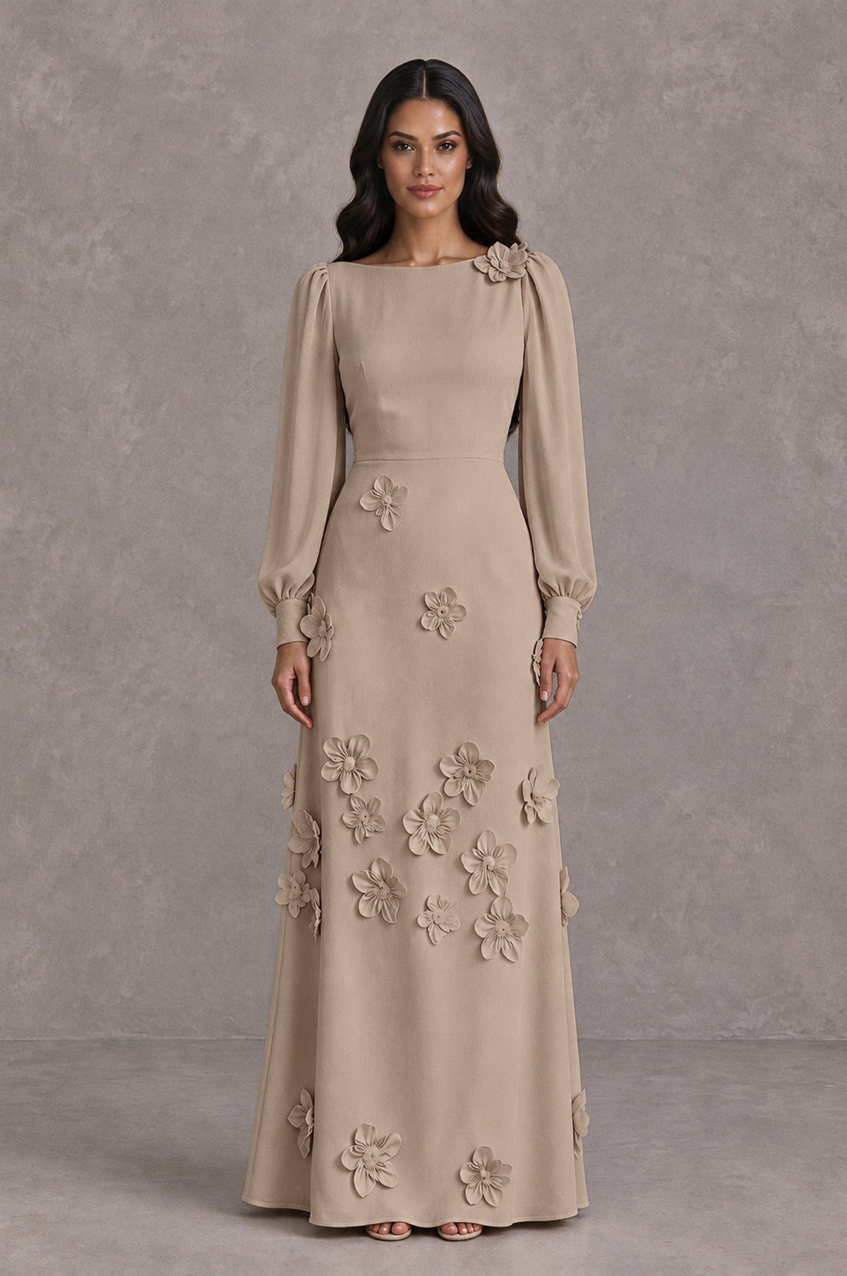 BOLODOO Taupe Long Sleeve Floral Applique A-Line Evening Dress - Taupe - Taupe_1