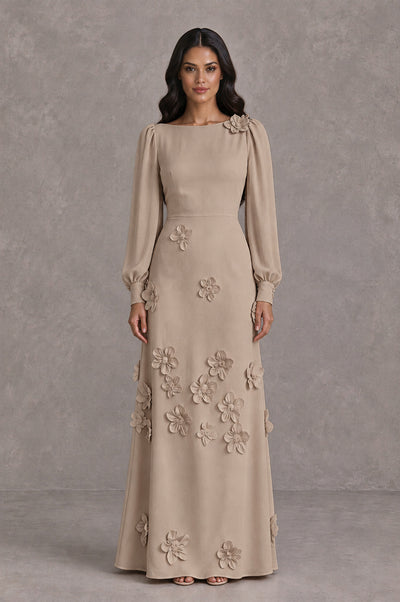 BOLODOO Taupe Long Sleeve Floral Applique A-Line Evening Dress - Taupe - Taupe_1
