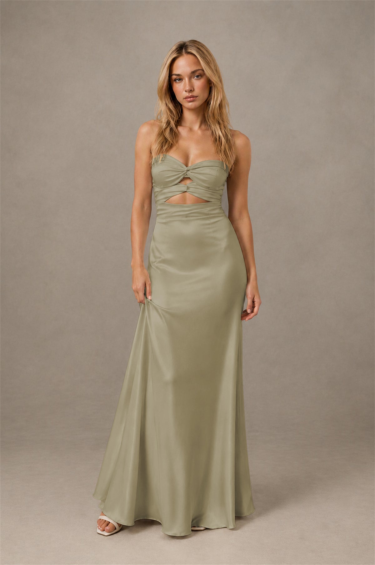 BOLODOO Taupe Sweetheart Strapless Twist Knot Cutout Lace-Up Back Satin Mermaid Maxi Dress - Taupe - Taupe(1)