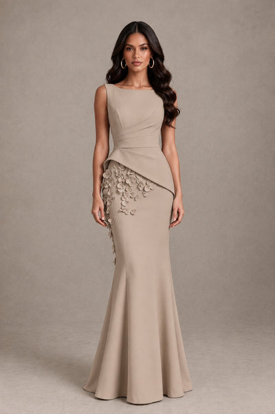 BOLODOO Taupe Bateau Neck Sleeveless Asymmetric Peplum 3D Petal Appliqué Mermaid Gown BD0421 - Taupe - Taupe_1