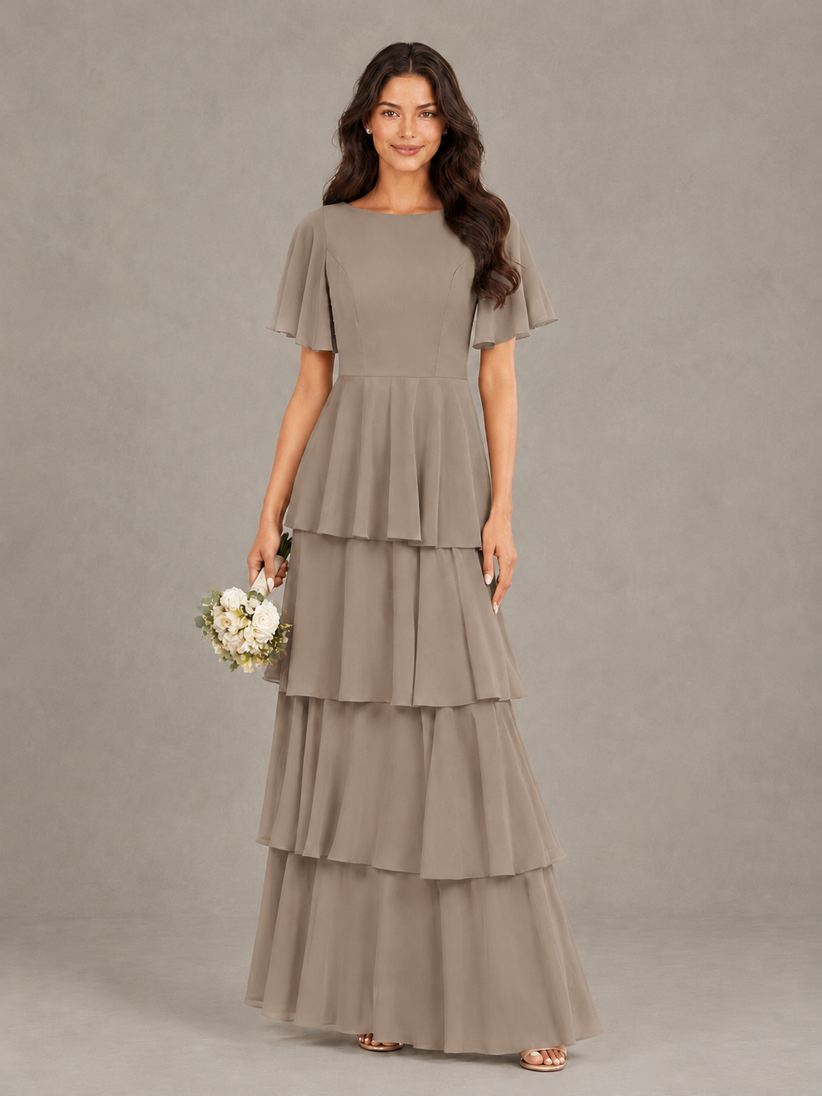 BOLODOO Taupe Tiered Flutter Sleeve Bridesmaid Dress - Taupe - Taupe_1