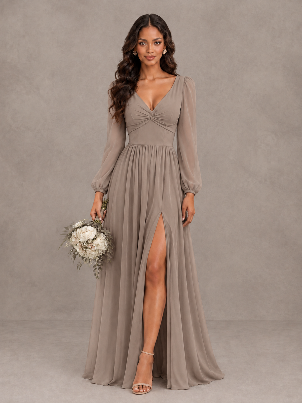 BOLODOO Taupe V-Neck Long Sleeve Bridesmaid Dress with Tie Back and Slit - Taupe - Taupe_1