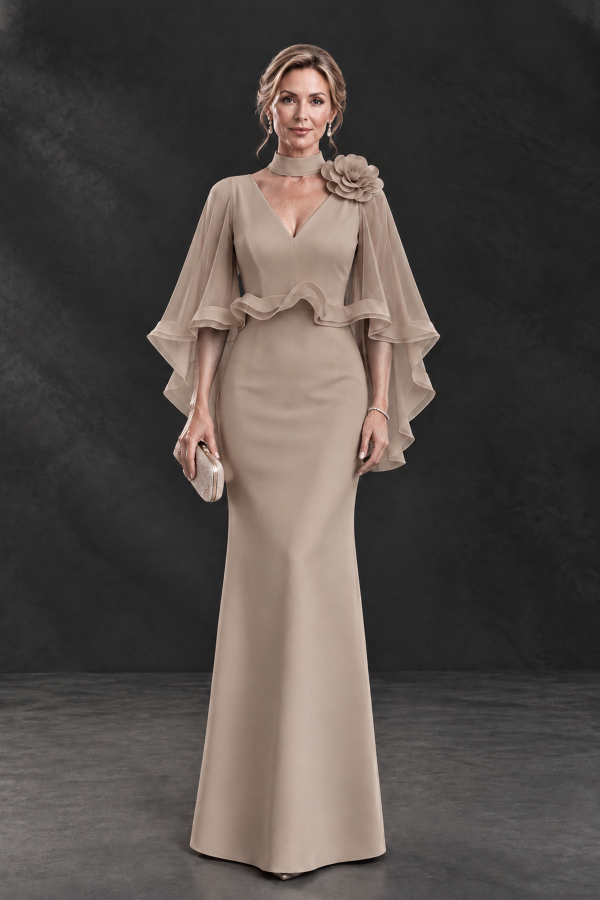 BOLODOO Taupe Floral Cape Sleeve Mother of the Bride Dress - Taupe - Taupe_1