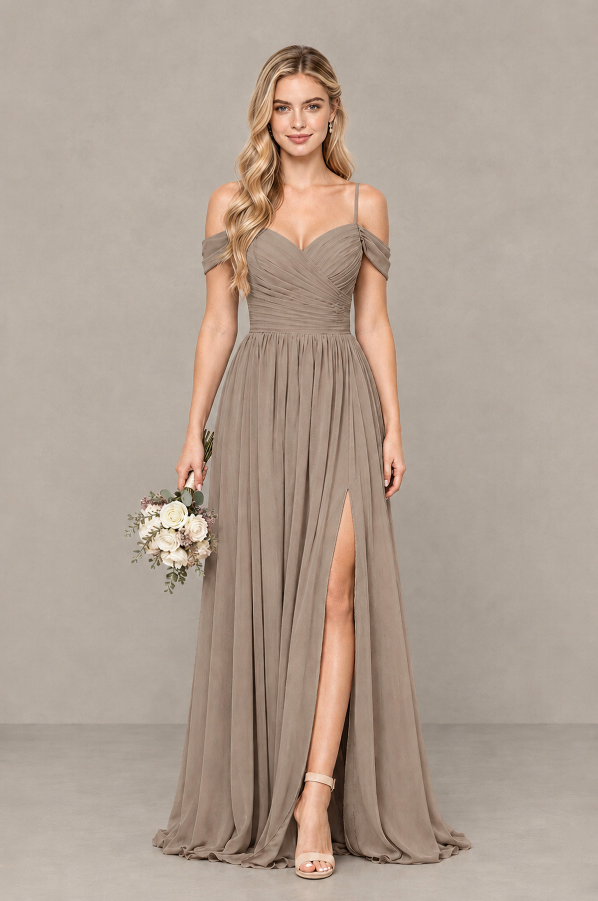 BOLODOO Taupe Off-Shoulder Bridesmaid Dress with Slit - Taupe