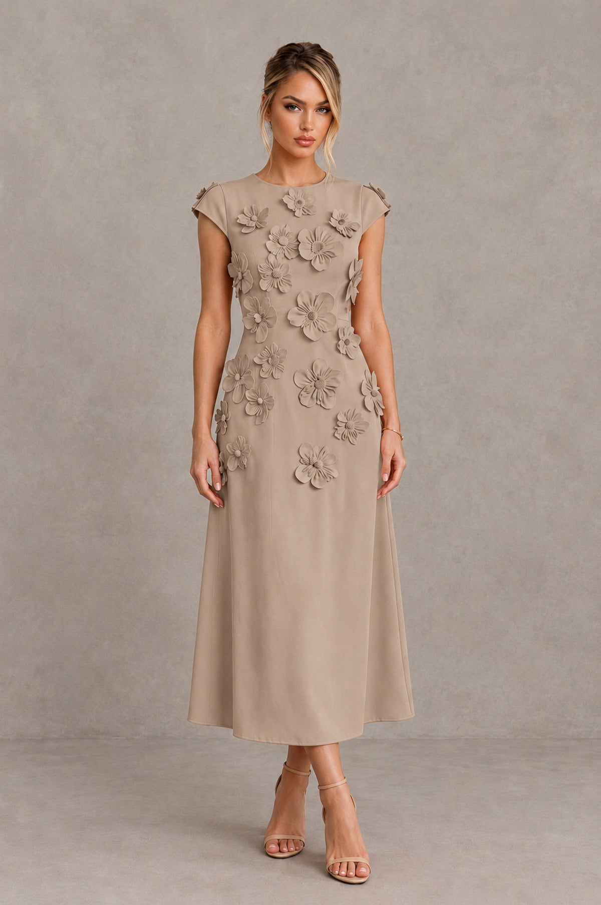 BOLODOO Taupe 3D Floral Cap Sleeve Midi Cocktail Dress - Taupe - Taupe_1