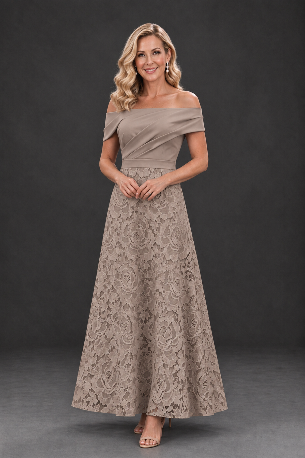 BOLODOO Taupe Off-the-Shoulder Floral A-Line Mother of the Bride Dress - Taupe - Taupe_1