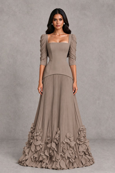 BOLODOO Taupe Square Neck Pleated Floral Applique Evening Dress - Taupe - Taupe_1