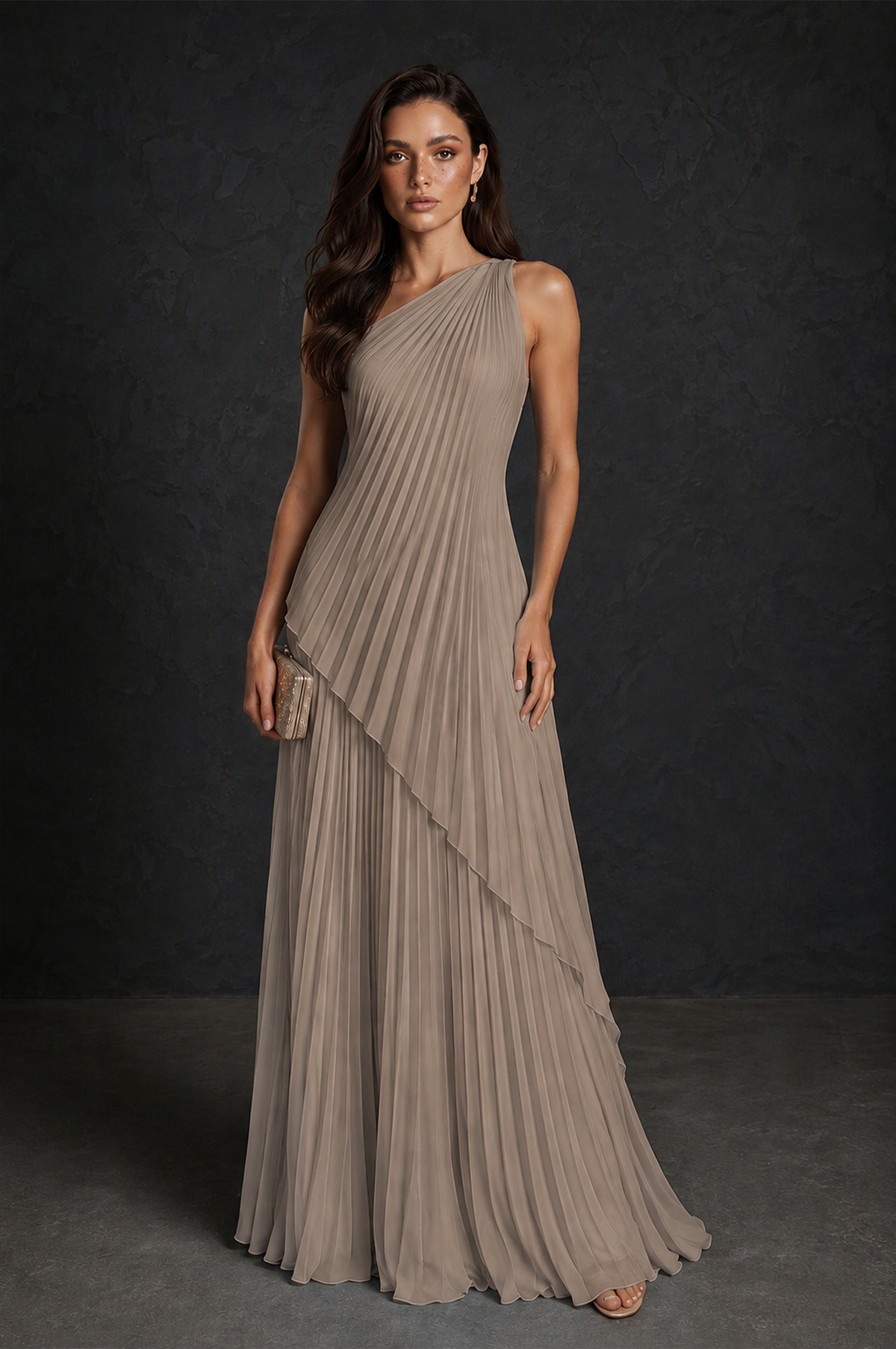 BOLODOO Taupe One-Shoulder Sunburst Pleated Asymmetric Layered Overlay Accordion Pleated Chiffon Maxi Dress - Taupe