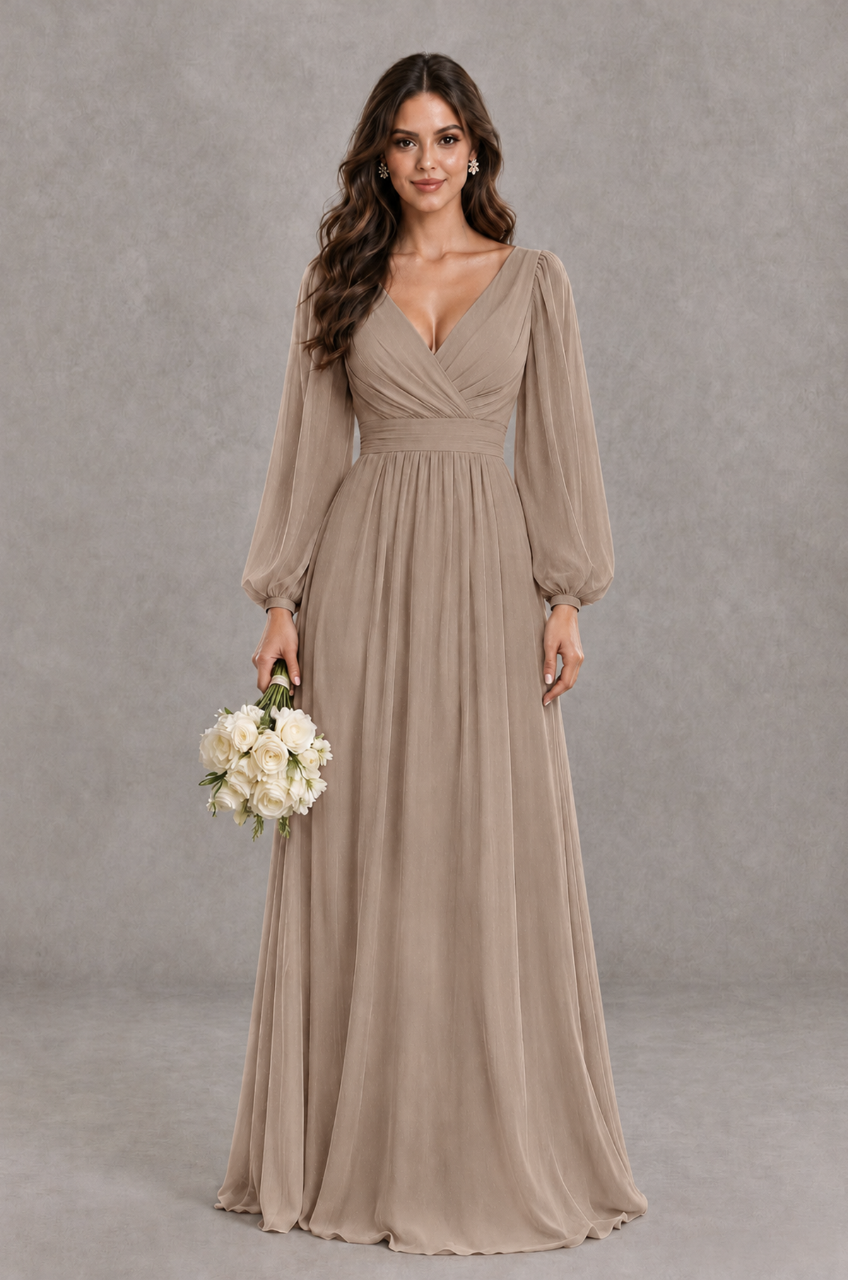 BOLODOO Taupe Long Sleeve V-Neck A-Line Bridesmaid Dress - Taupe - Taupe_1