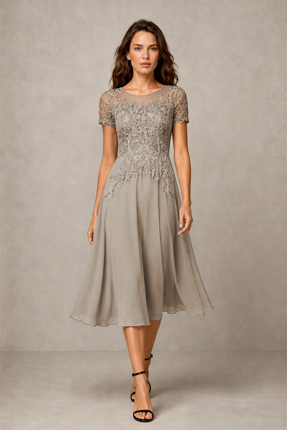 BOLODOO Steel Taupe Beaded Lace Illusion Bodice Chiffon Tea-Length Dress | Mother of the Bride & Cocktail Party - Taupe