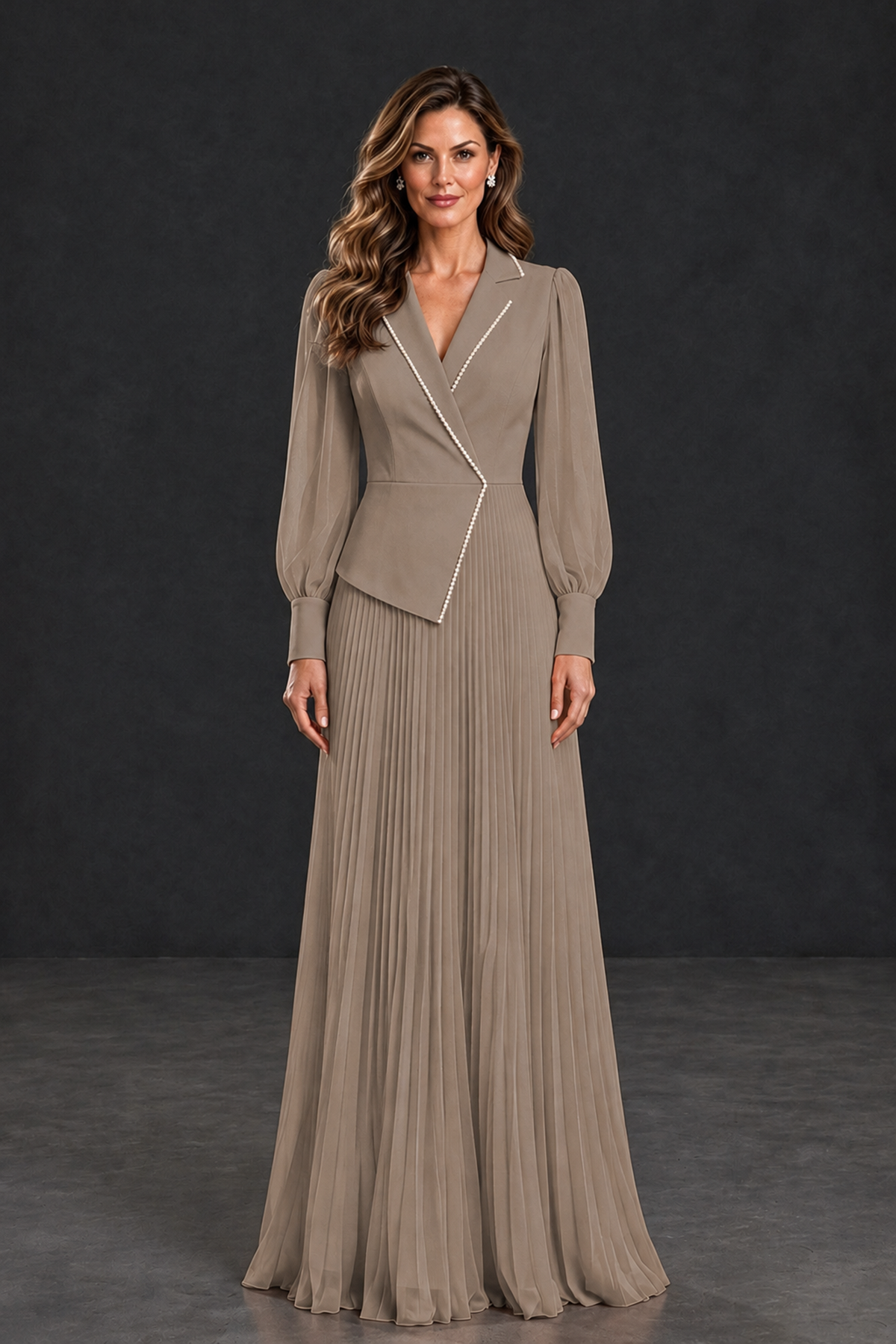 BOLODOO Taupe Long Sleeve Pleated Mother of the Bride Dress - Taupe - Taupe_1