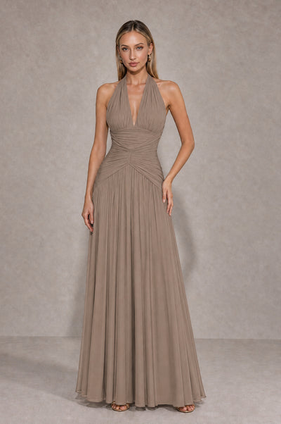 BOLODOO Taupe Chiffon Halter Deep V-Neck Ruched A-Line Backless Maxi Dress with Train-BD0167 - Taupe - Taupe_1