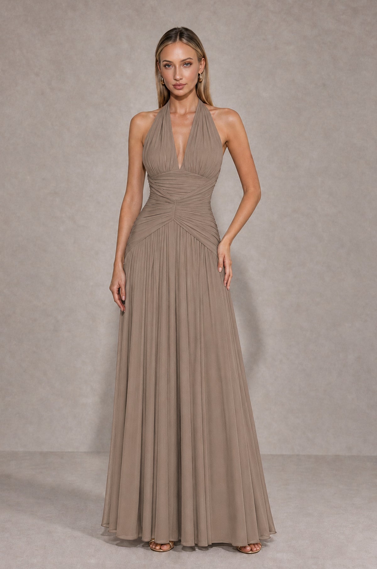 BOLODOO Taupe Chiffon Halter Deep V-Neck Ruched A-Line Backless Maxi Dress with Train-BD0167 - Taupe - Taupe_1