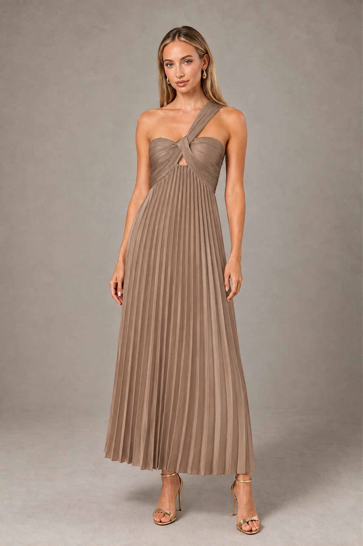 BOLODOO Taupe One-Shoulder Twist Knot Pleated Satin Midi Dress with Cutout - Taupe - Taupe_1