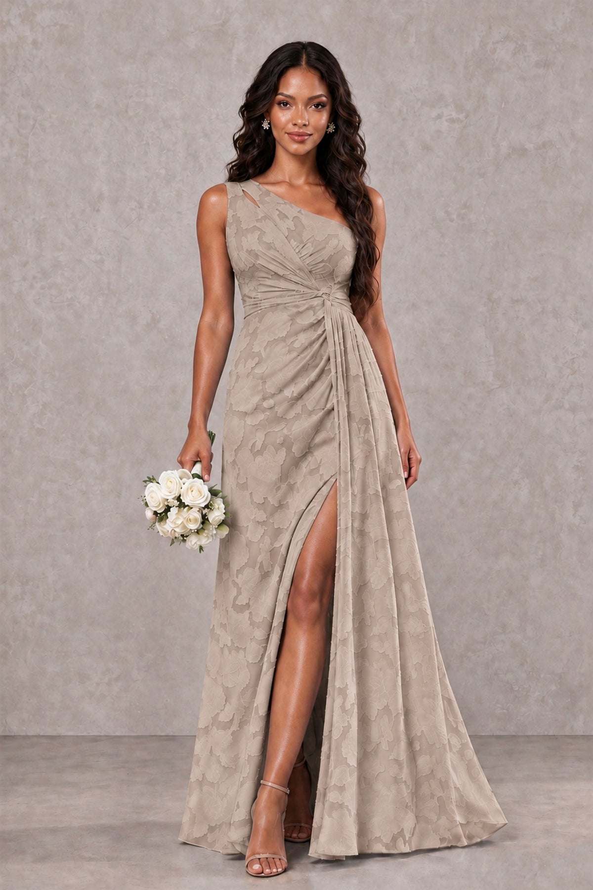 BOLODOO Taupe One-Shoulder Floral Textured Maxi Dress with High Slit - Taupe - Taupe_1