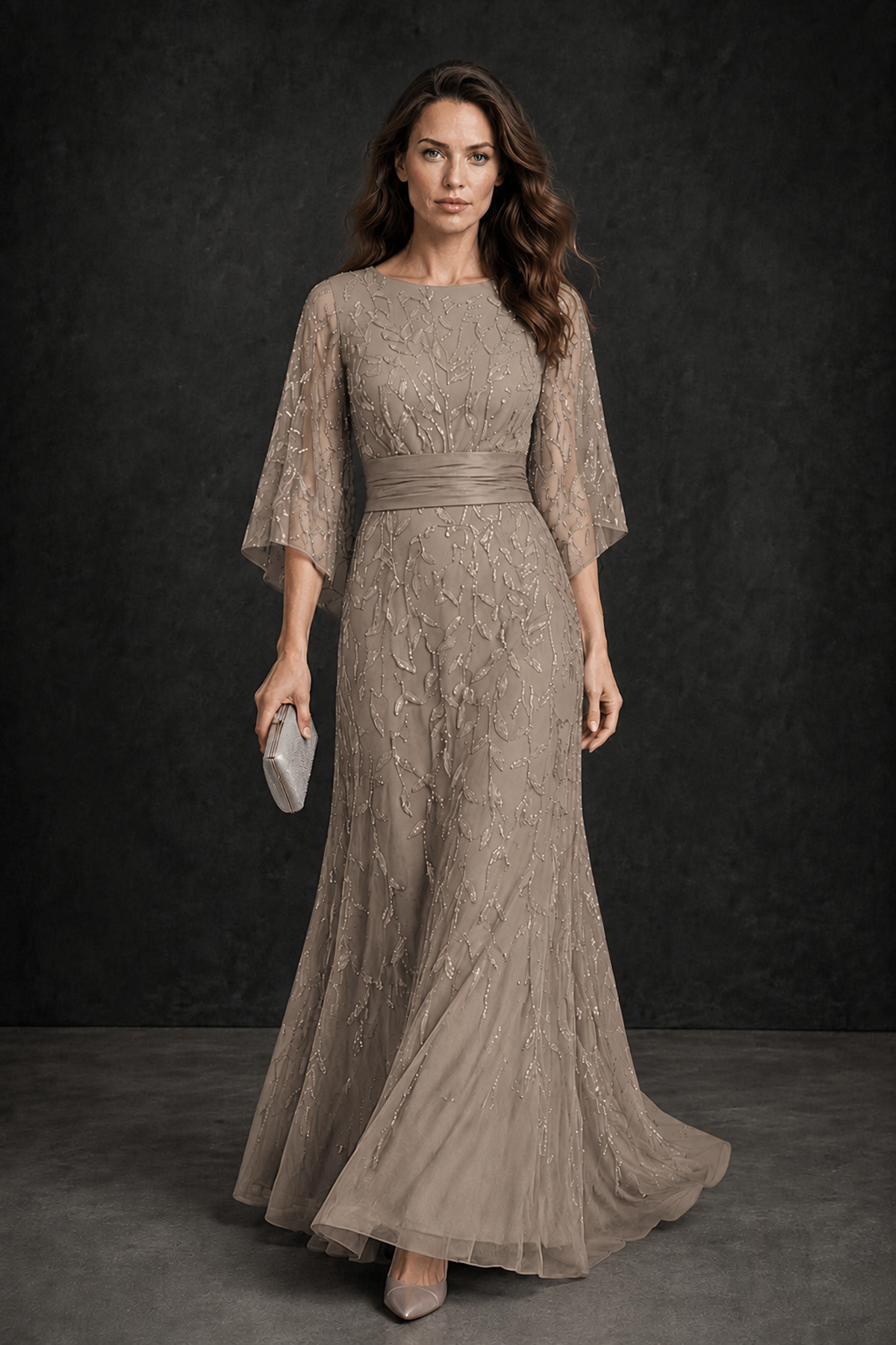 BOLODOO Taupe Bateau Neck Bell Sleeve Sequin Embroidered Satin Waist A-Line Maxi Dress - Taupe - Taupe_1