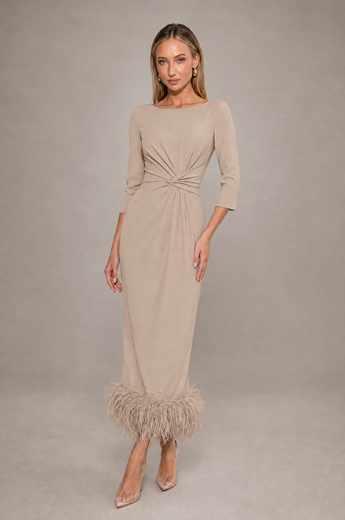 BOLODOO Taupe Feather-Trim Twist-Waist Midi Dress - Taupe - Taupe_1