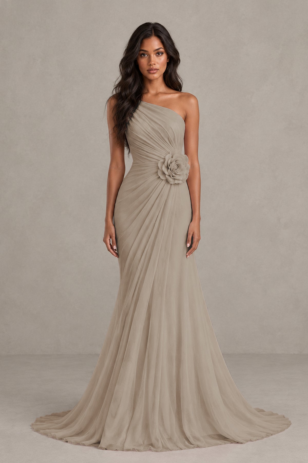 BOLODOO Taupe One-Shoulder Floral Ruched Maxi Dress - Taupe