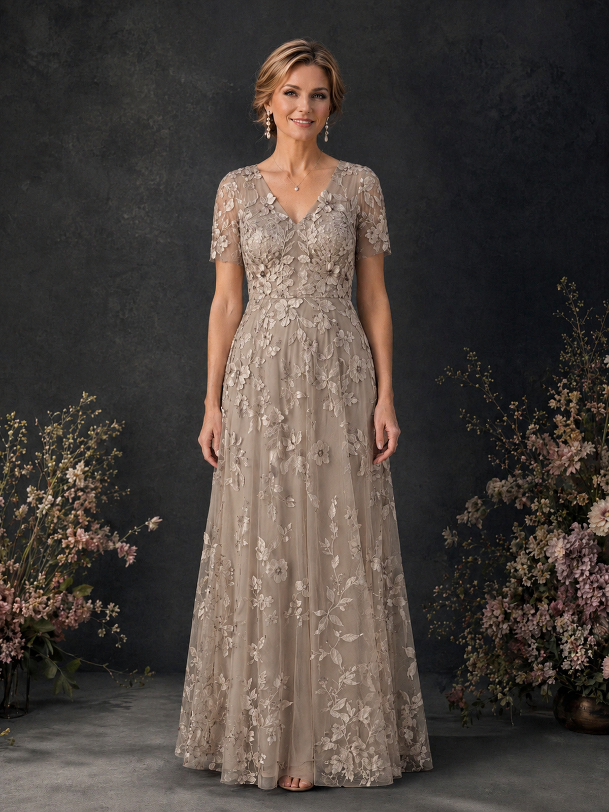 BOLODOO Taupe 3D Floral Embroidered Lace V-Neck Short Sleeve A-Line Maxi Dress - Taupe