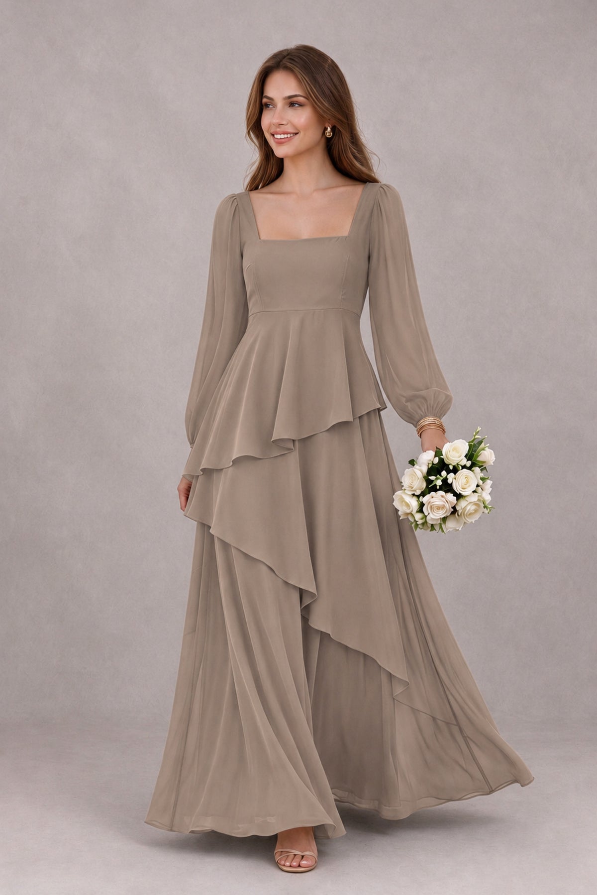 BOLODOO Taupe Long Sleeve Ruffle Bridesmaid Dresses - Taupe - Taupe_1