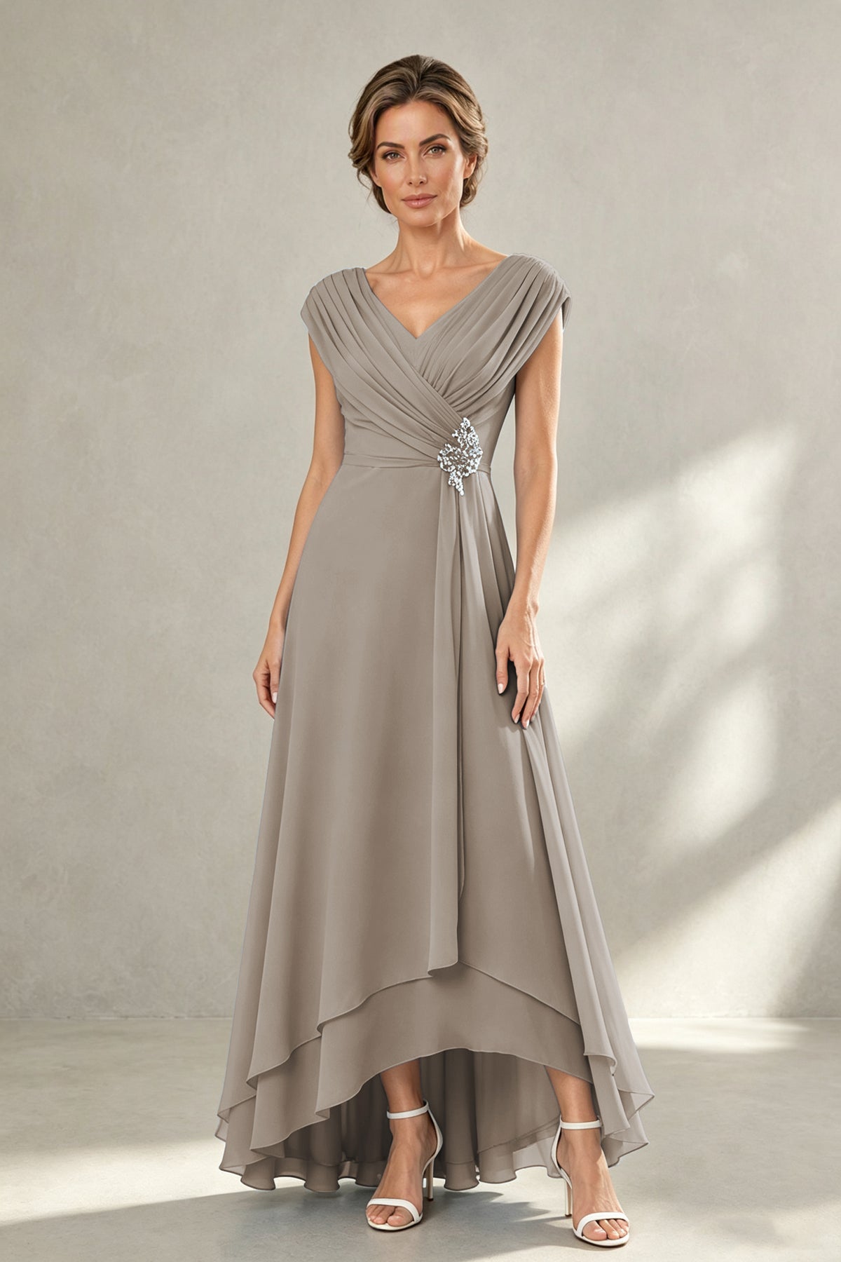 BOLODOO Taupe V-Neck High-Low Mother of the Bride Dress - Taupe