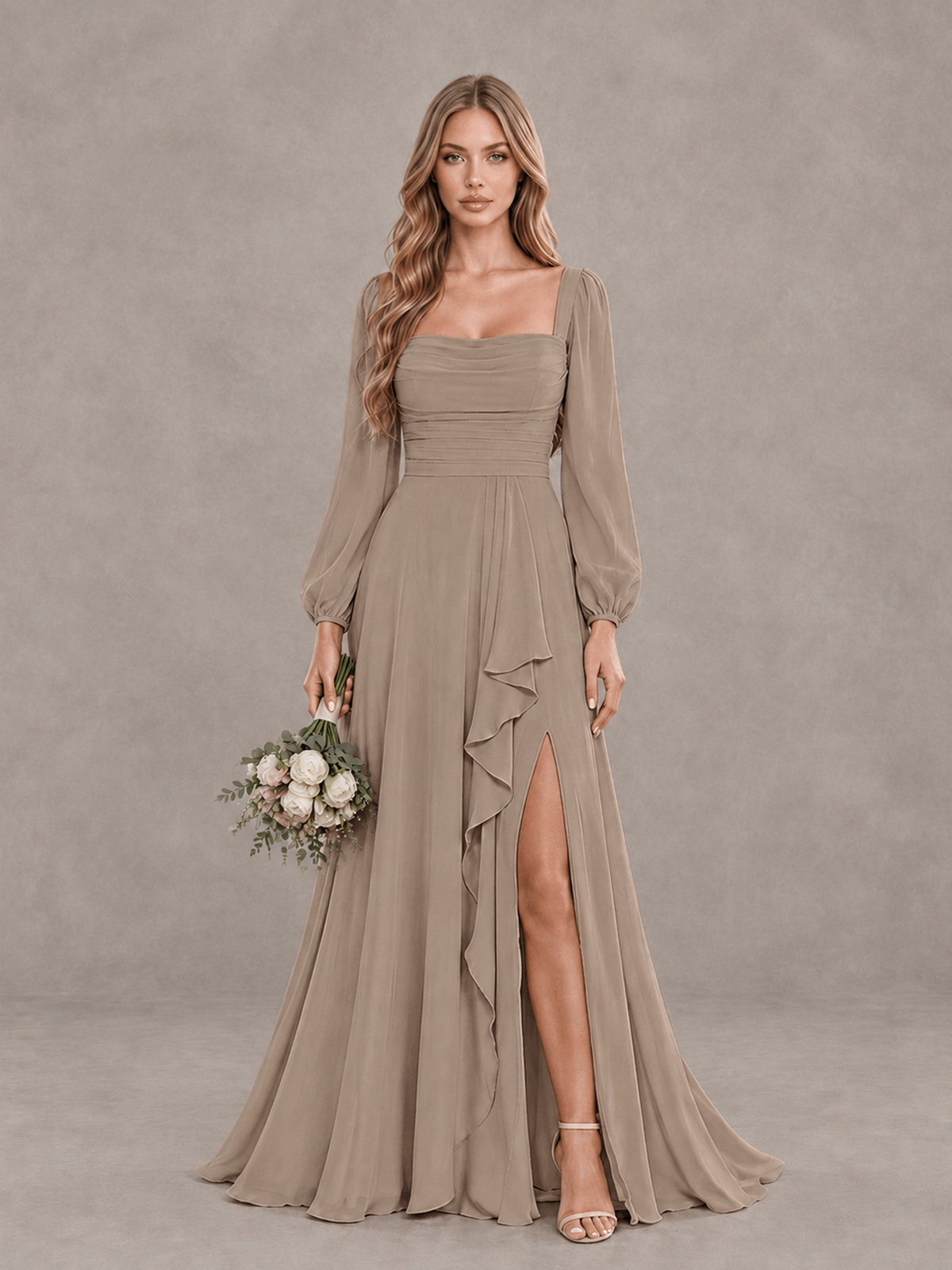 BOLODOO Taupe Square Neck Long Sleeve Bridesmaid Dress with Ruffle Slit - Taupe - Taupe_1