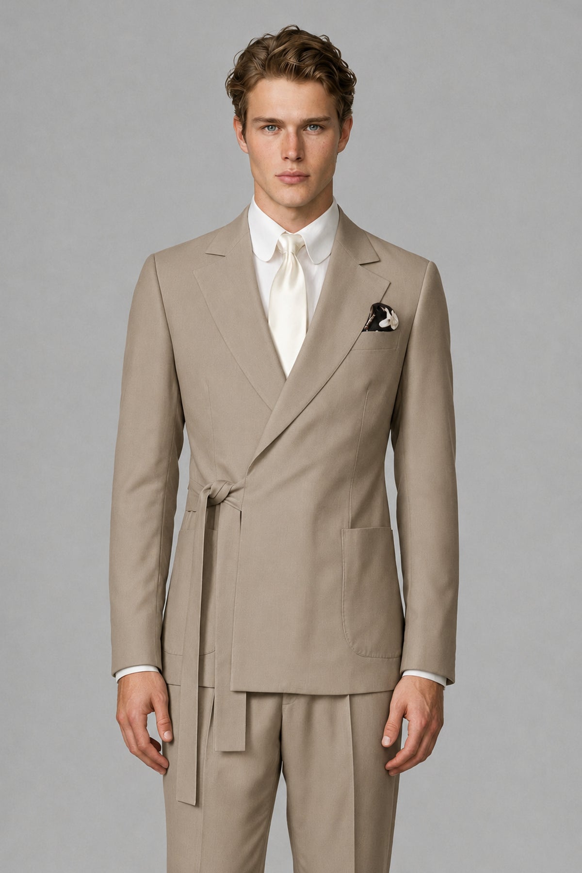 Bolodoo Men's Taupe Wrap Tie-Waist Two-Piece Suit – Jacket & Trousers - Taupe - Taupe_1