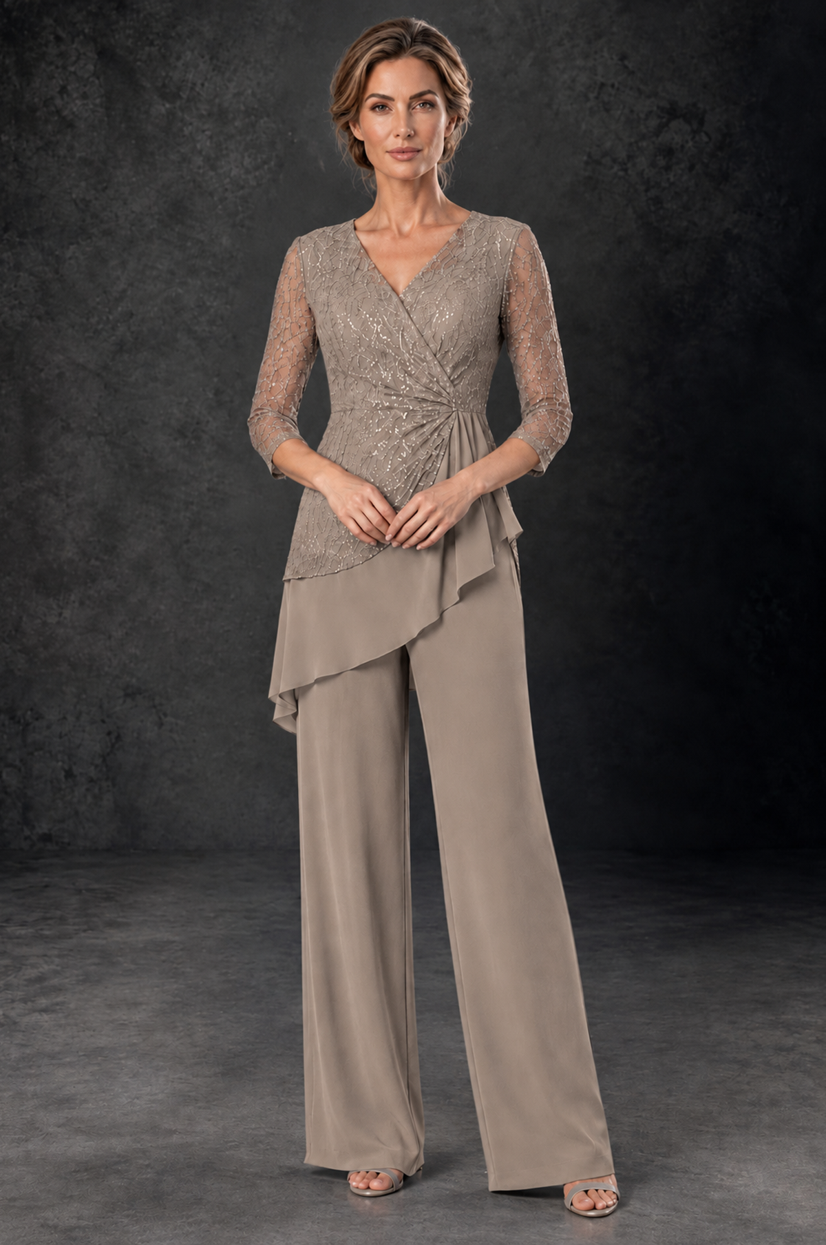 BOLODOO Taupe Sequin Lace 3/4 Sleeve Chiffon Mother of the Bride Pant Suit - Taupe - Taupe_1